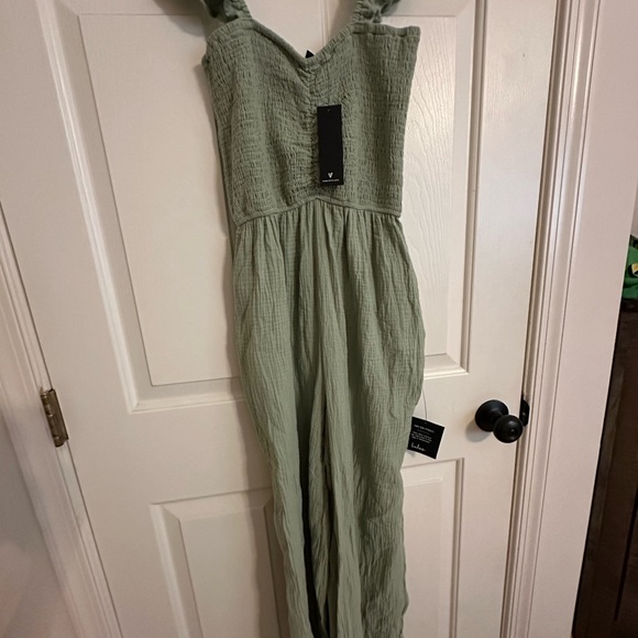 Lulus Daniyah Sage Green Smocked Flutter Sleeve Wide-leg Jumpsuit - Size S - Picture 2 of 3